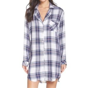 Rails Sleep Shirt White Sky Mauve Plaid Button Front Nightgown Blue/White Large